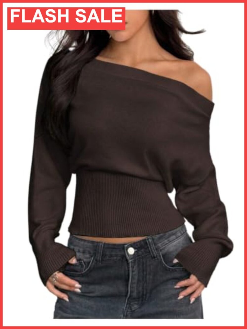 Off Shoulder Rib Knit Sweater Asymmetrical Neck Long Sleeve Pullover Top
